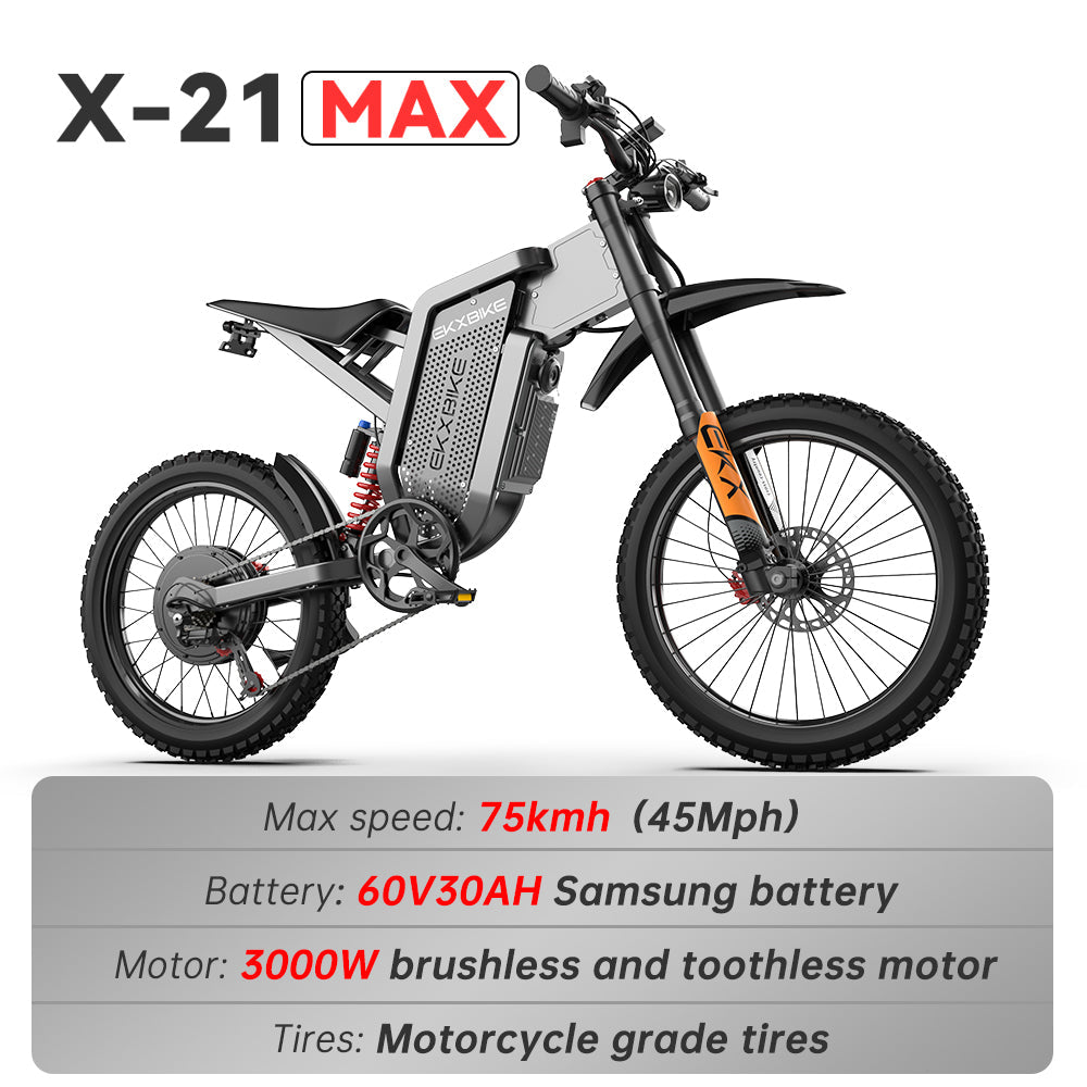 EKXBike X21 Max Electric Motorcycles 3000W Brushless Gearless Motors 60V30AH Lithium Battery Speed 85Kmh Adult Off Road Ebike