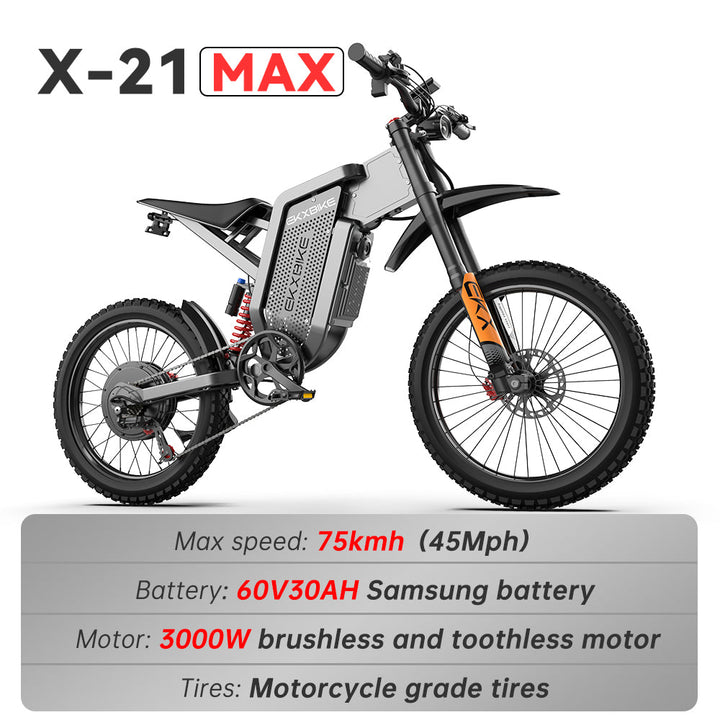 EKXBike X21 Max Electric Motorcycles 3000W Brushless Gearless Motors 60V30AH Lithium Battery Speed 85Kmh Adult Off Road Ebike